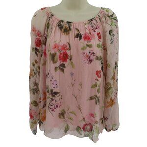 Viola Borghi Womens Small Pink Silk Botanical Floral Print Flowy Blouse Shirt